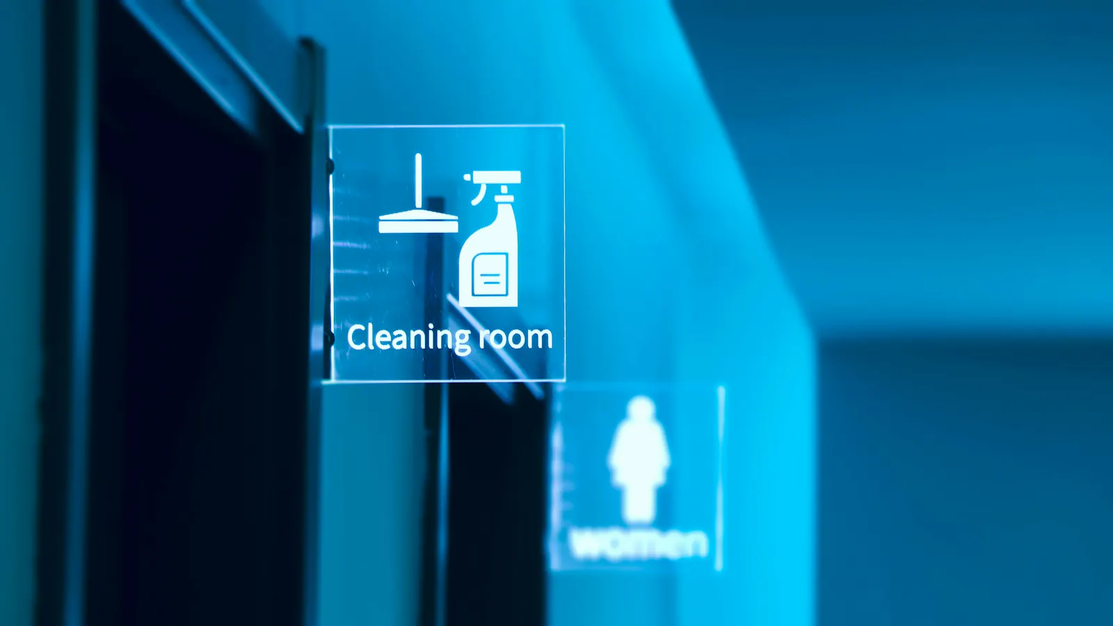 Clean modern interior with cleaning icon signage