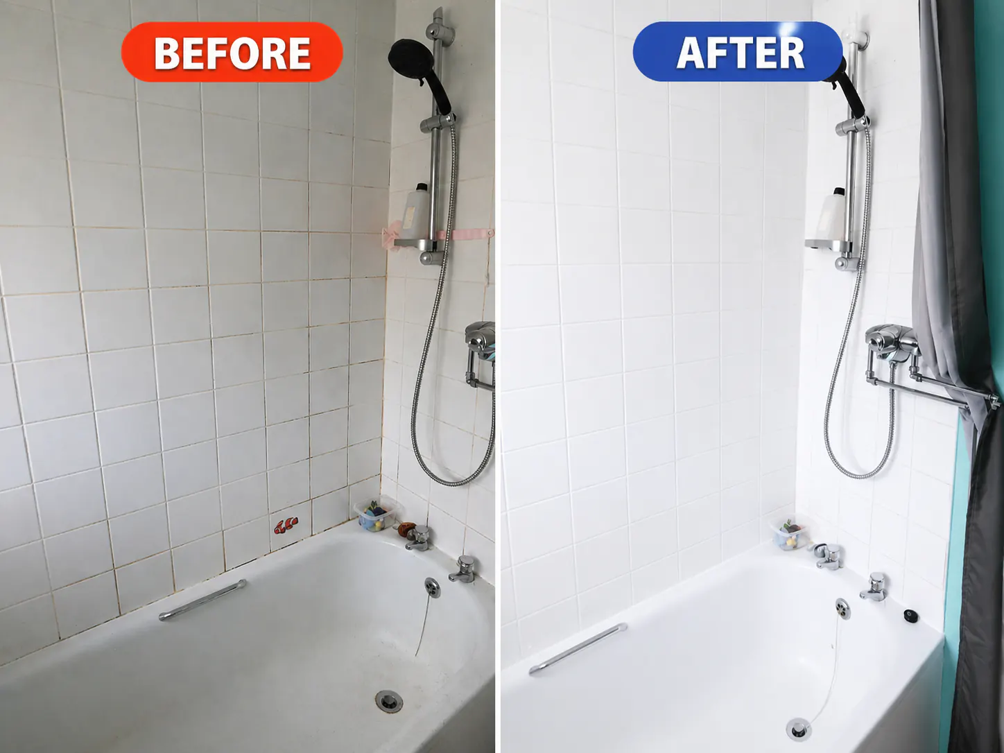 Before and after bathroom bathtub and tile cleaning showing brighter white surfaces.
