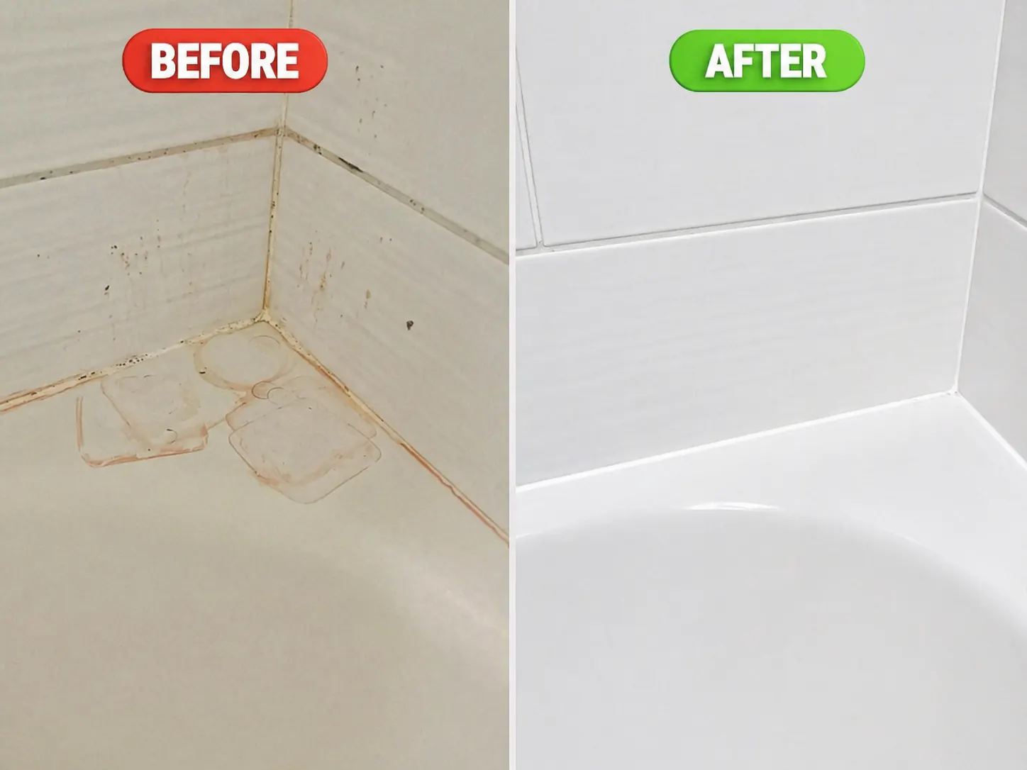 Before and after bathtub corner deep cleaning removing residue from the tub edge and tiles.