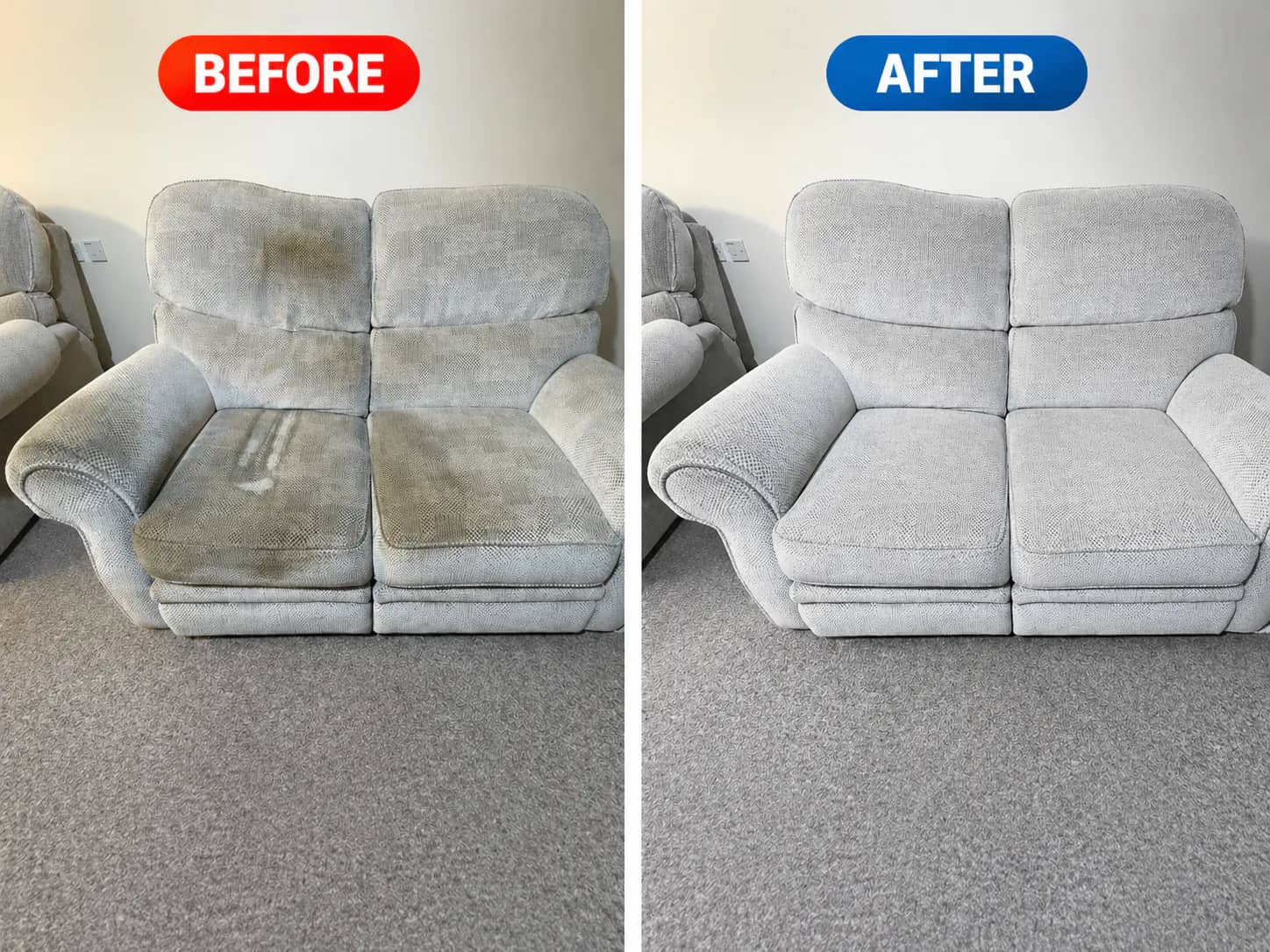 Before and after sofa cleaning showing brighter fabric and reduced staining.