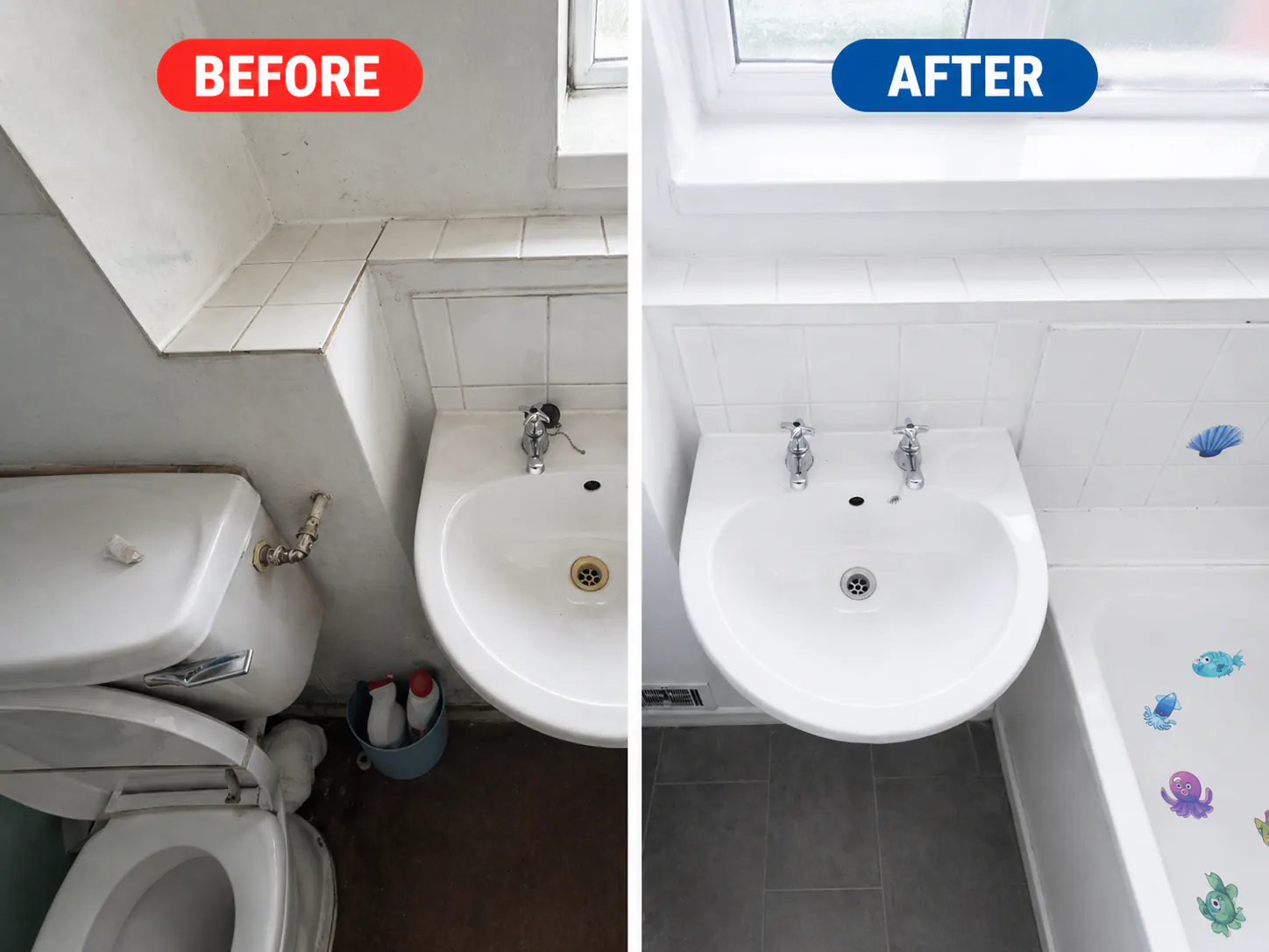 Before and after bathroom cleaning showing a restored sink, toilet, and bath area.