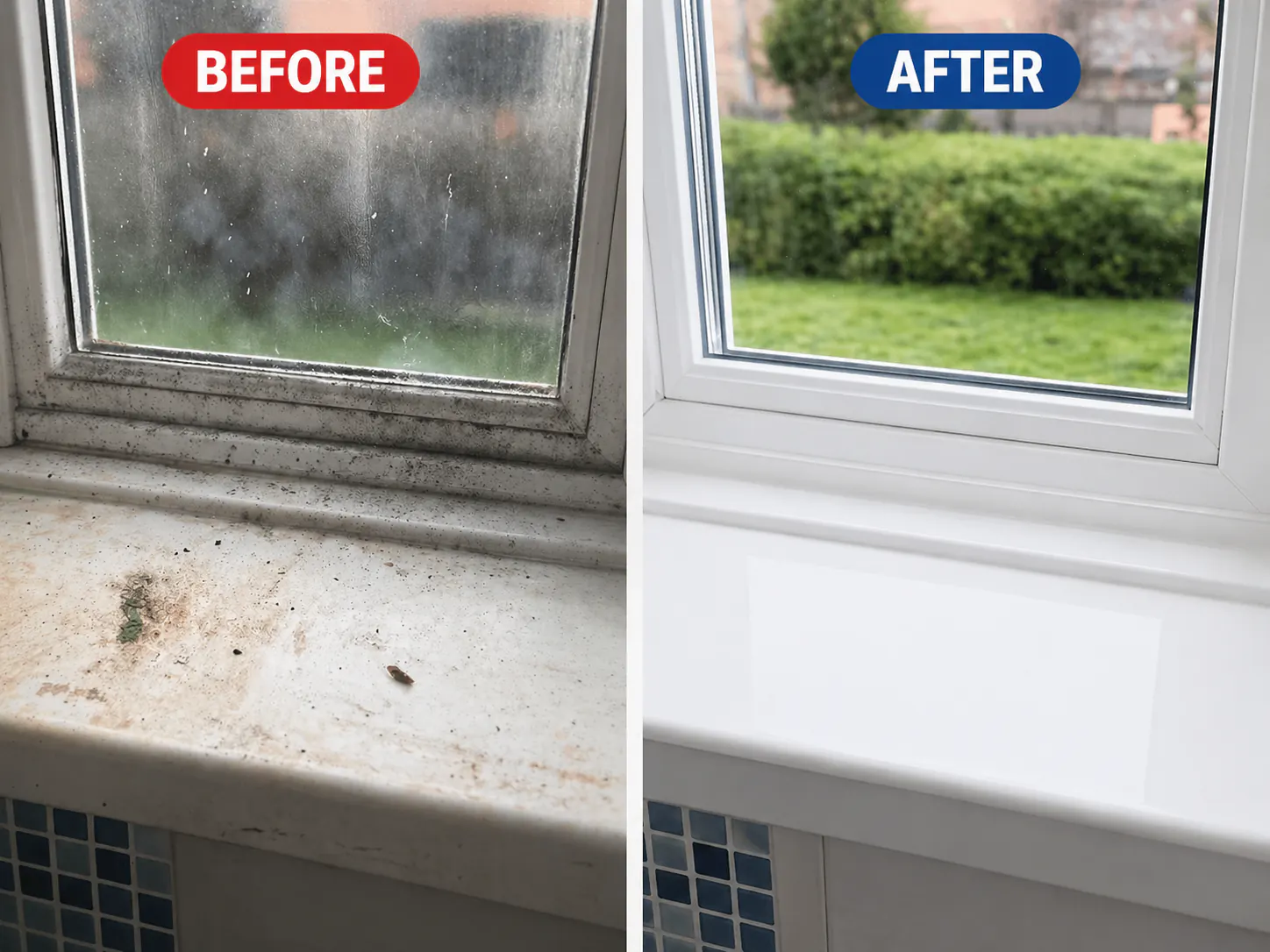 Before and after window sill and frame cleaning removing dirt from the interior frame.