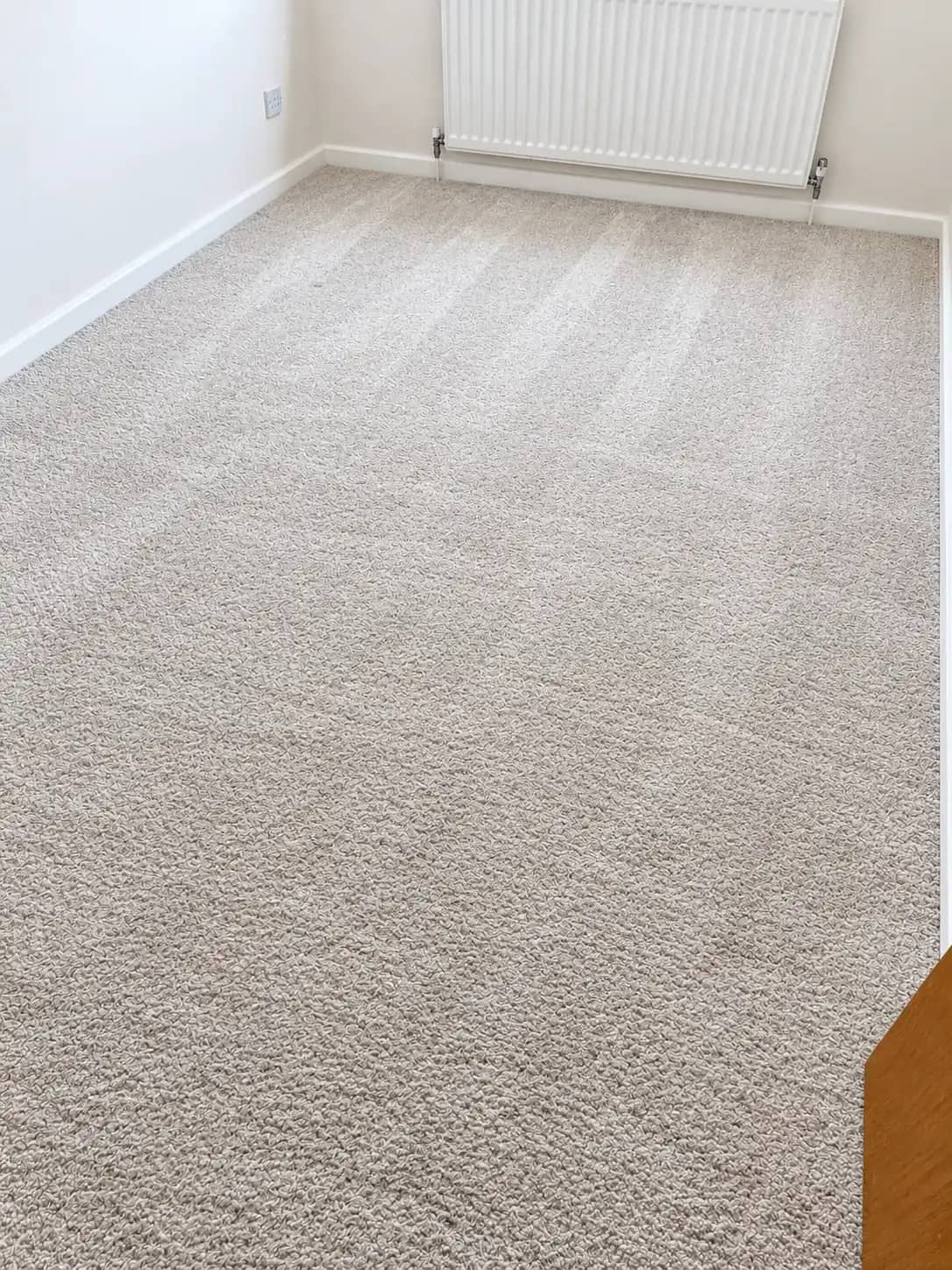 A beige carpet left with fresh vacuum stripes after cleaning.