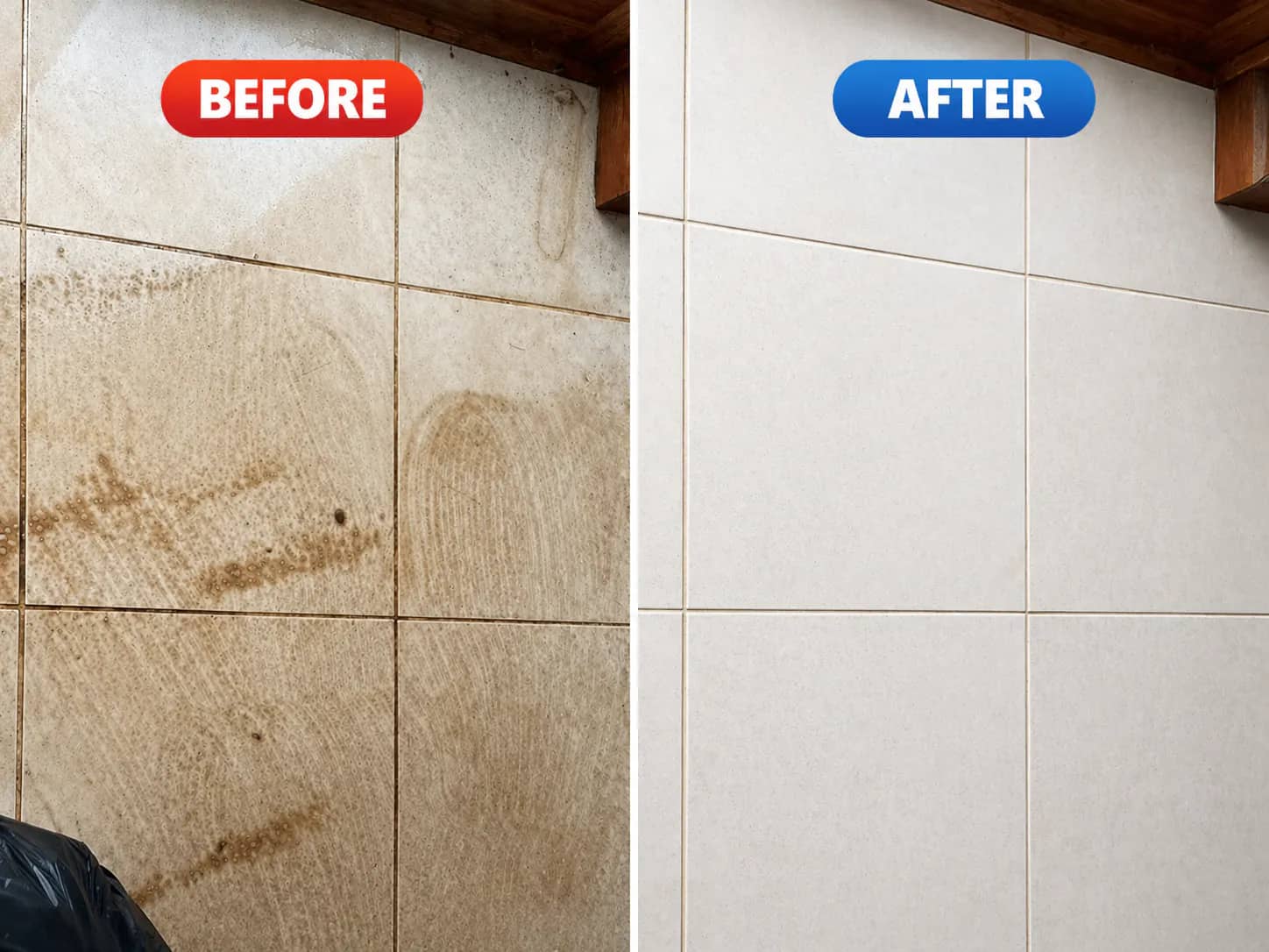 Kitchen wall tiles cleaned after renovation residue and buildup