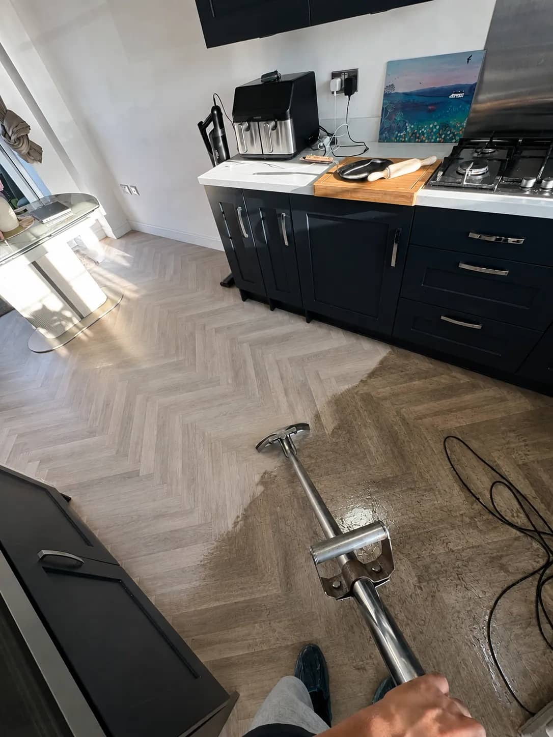 Herringbone floor deep cleaned to remove builders dust and residue