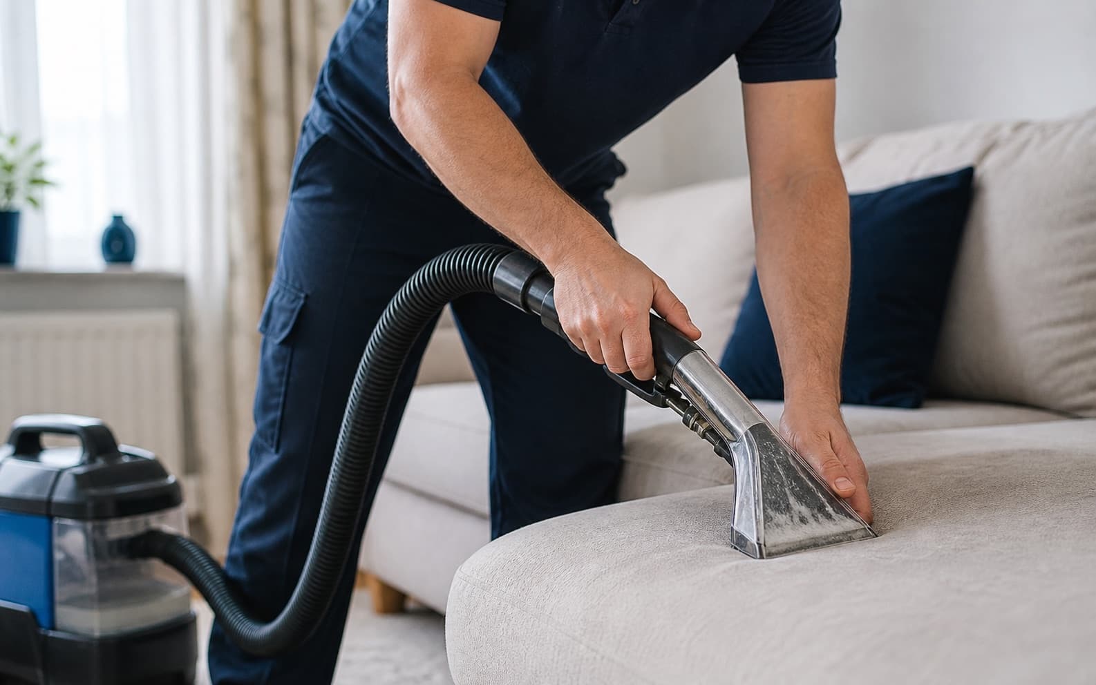 Professional cleaner using an upholstery extraction tool in a bright living room